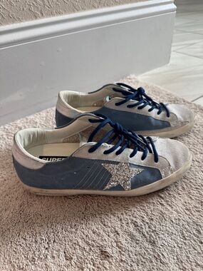 Golden Goose Blue and Silver Glitter Superstar Sneakers